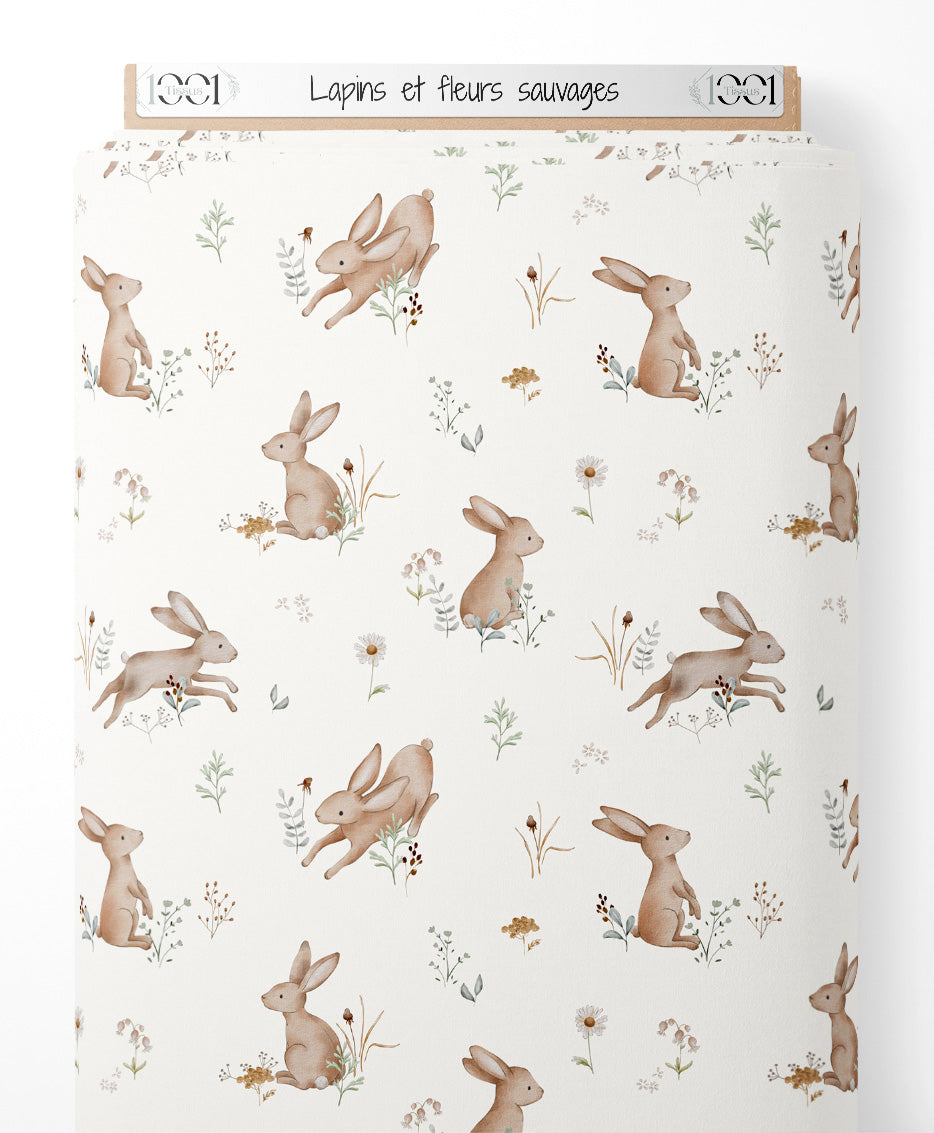 Tissu - Lapins et fleurs sauvages