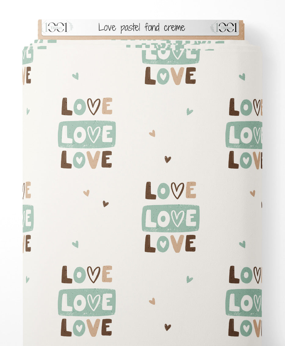 Tissu - Love pastel sur fond crème