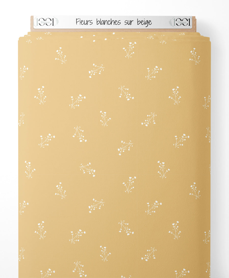 Tissu - Fleurs blanches sur beige