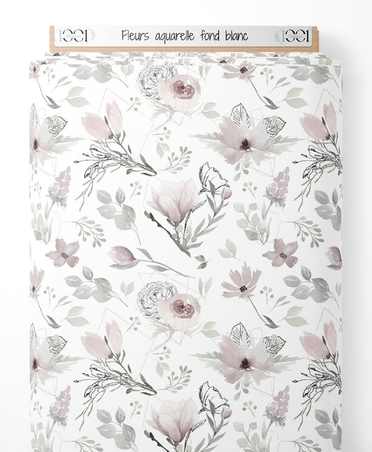 Tissu - Fleurs aquarelle sur fond blanc