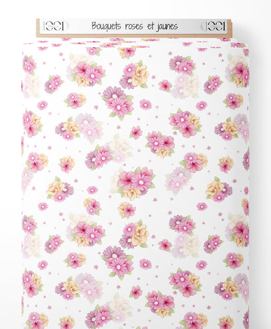 Tissu - Bouquets roses et jaunes