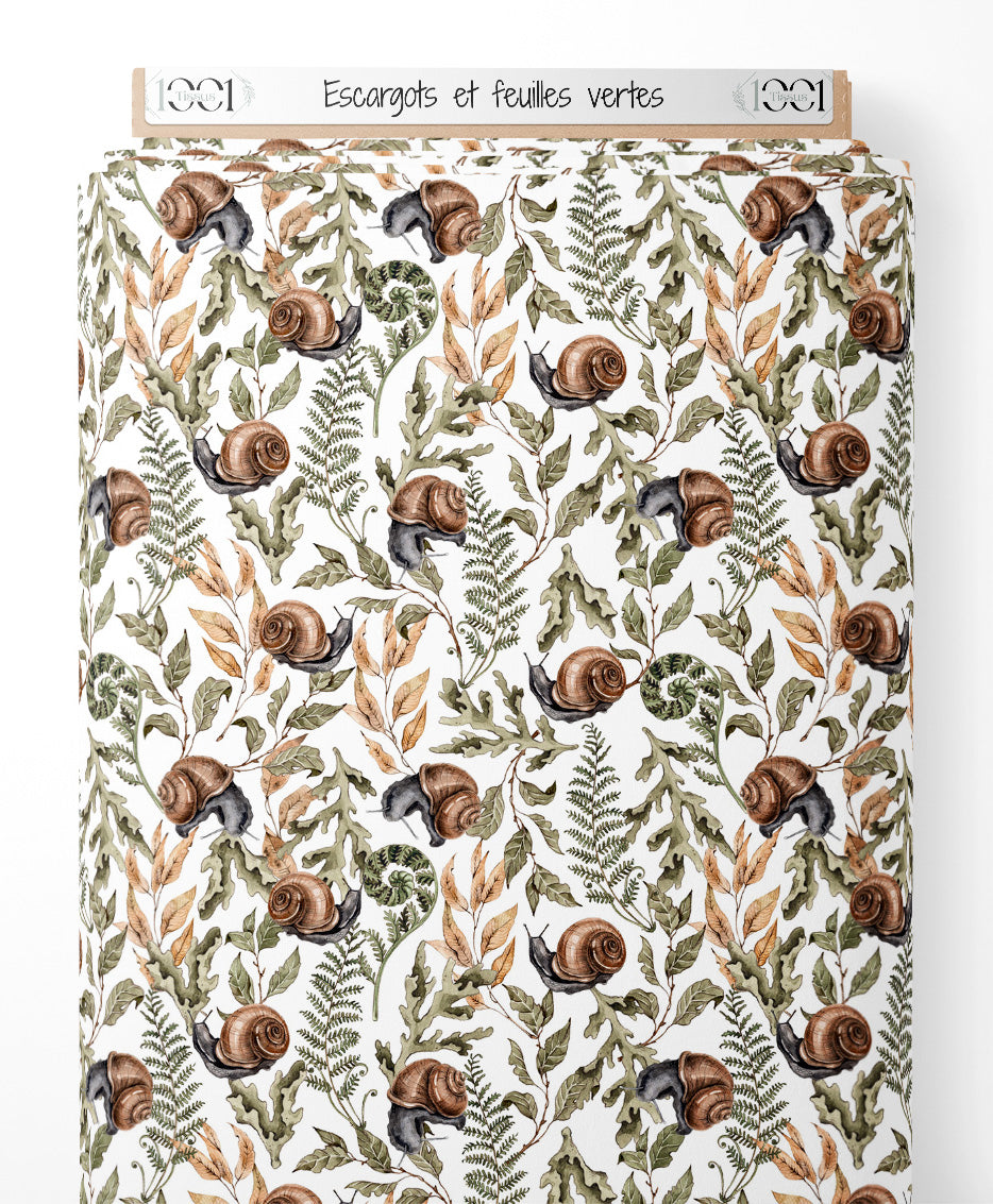 Tissu - Escargots et feuilles vertes