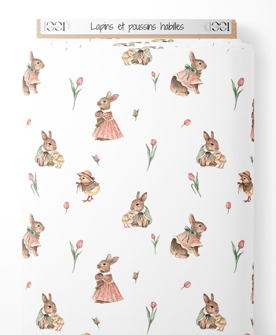 Tissu - Lapins et poussins habillés