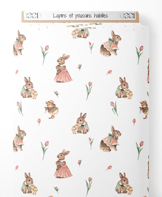 Tissu - Lapins et poussins habillés