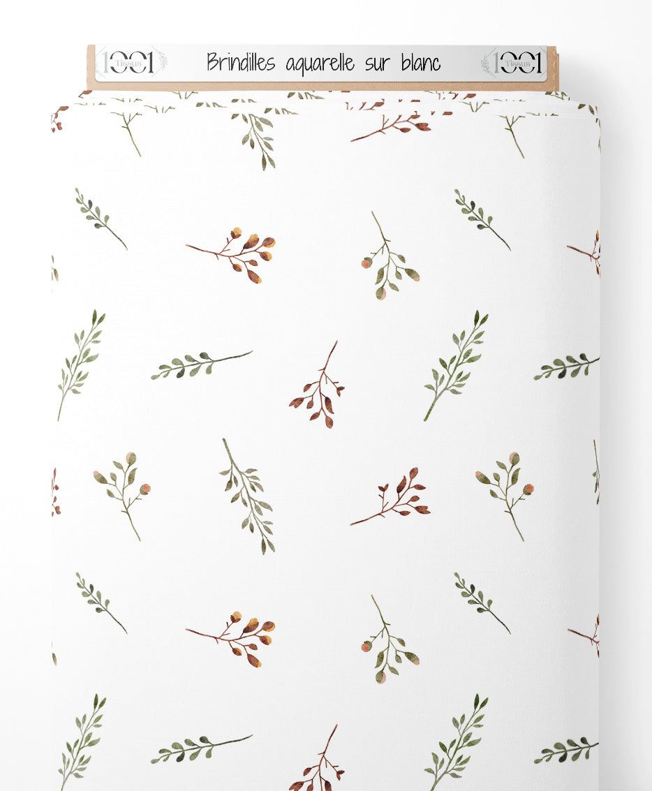 Tissu - Brindilles aquarelle sur blanc