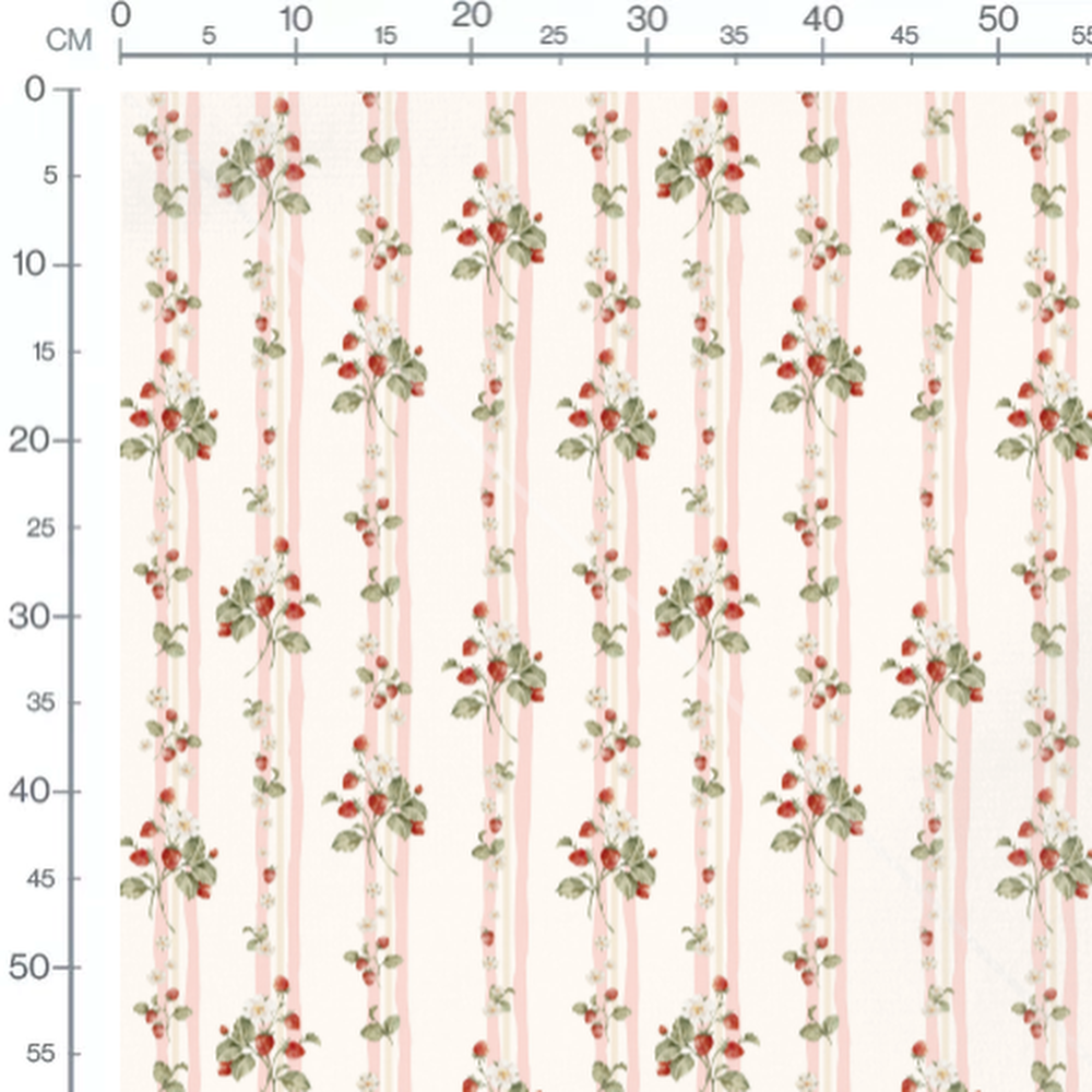 Tissu - Fraises et fleurs sur rayures roses