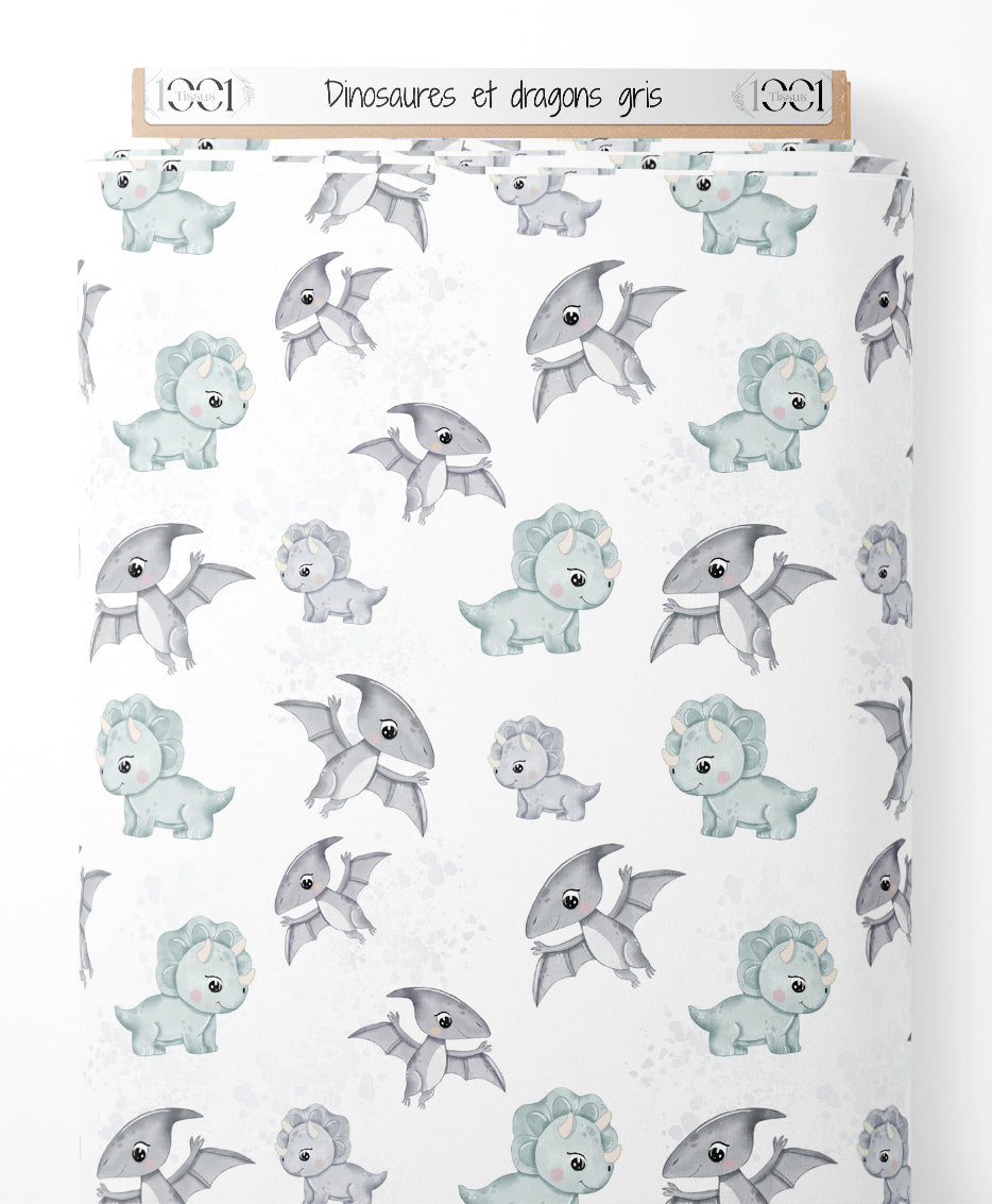 Tissu - Dinosaures et dragons gris