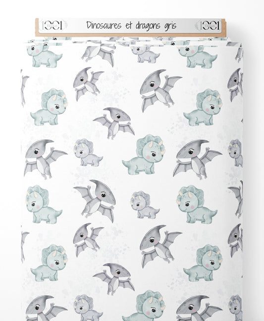 Tissu - Dinosaures et dragons gris