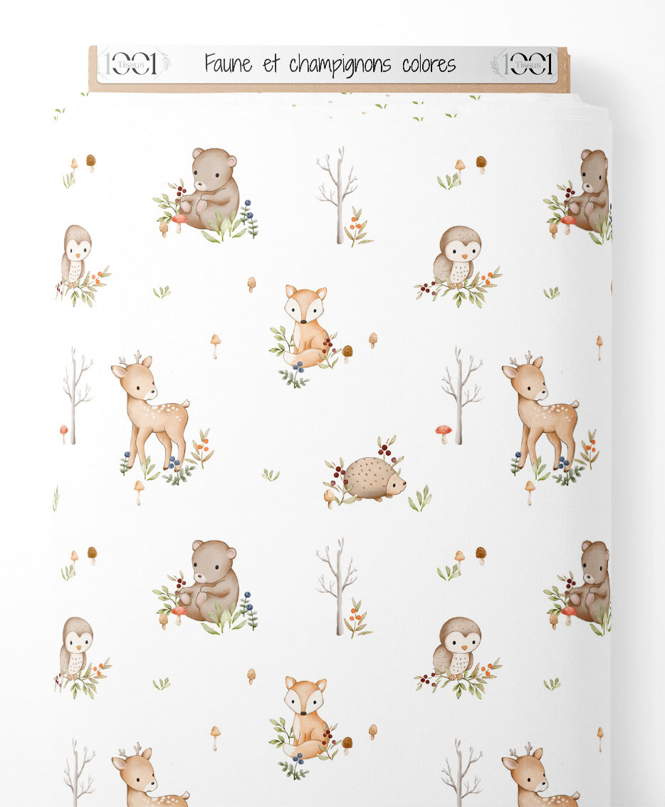 Tissu - Faune et champignons colorés