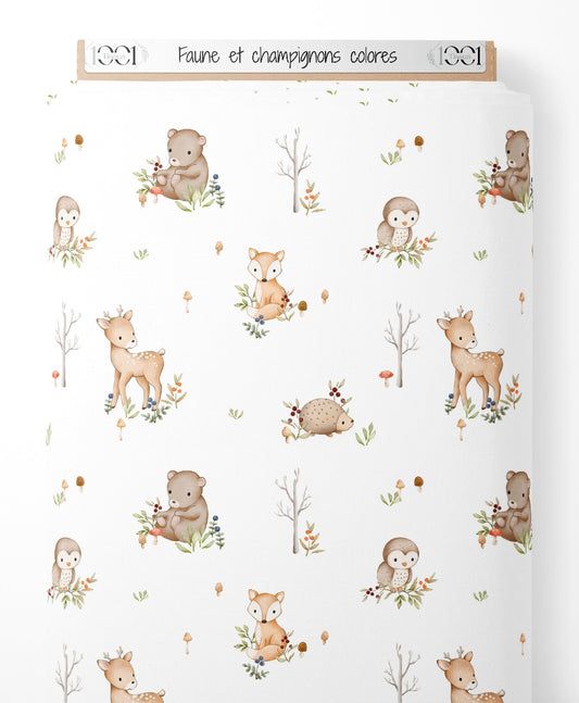 Tissu - Faune et champignons colorés