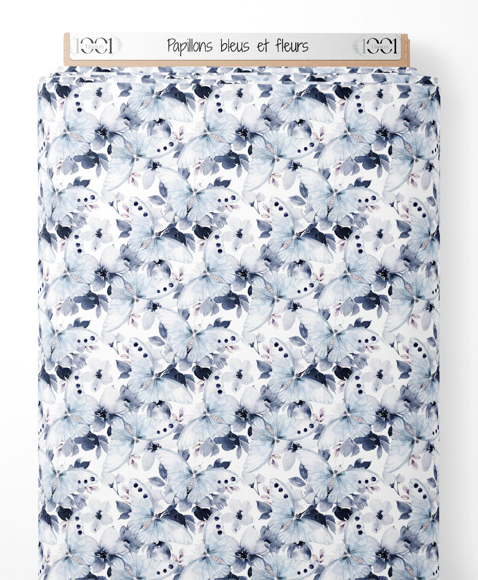 Tissu - Papillons bleus et fleurs