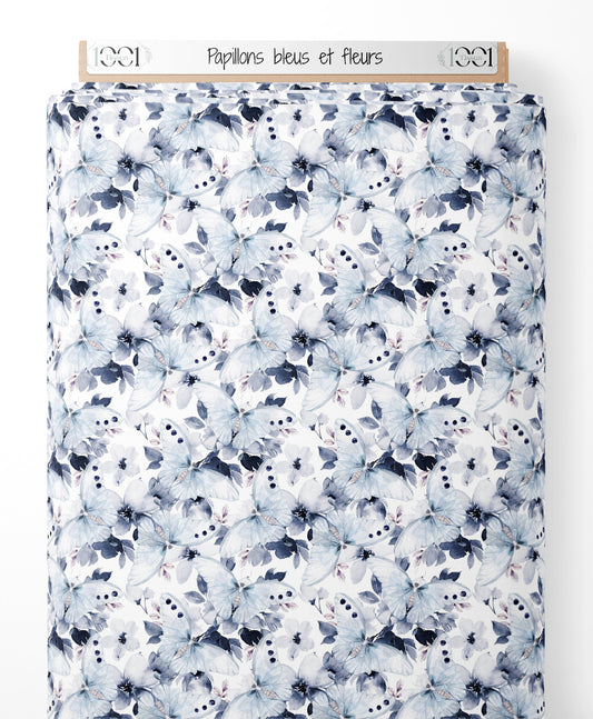 Tissu - Papillons bleus et fleurs