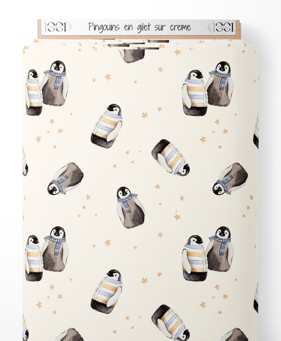Tissu - Pingouins en gilet sur crème