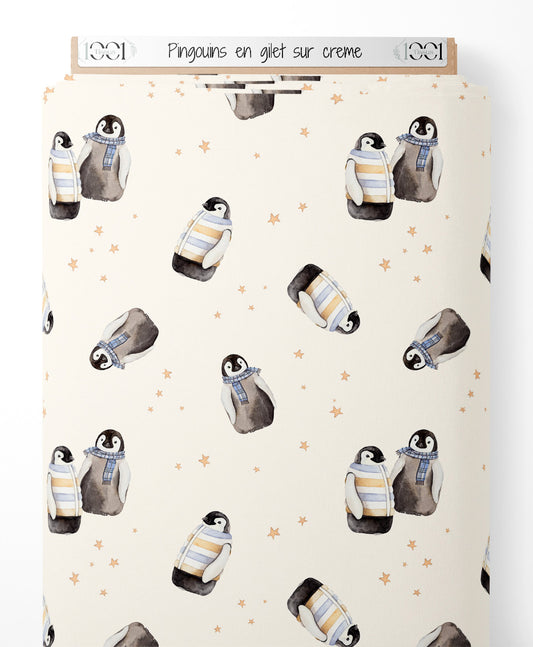 Tissu - Pingouins en gilet sur crème
