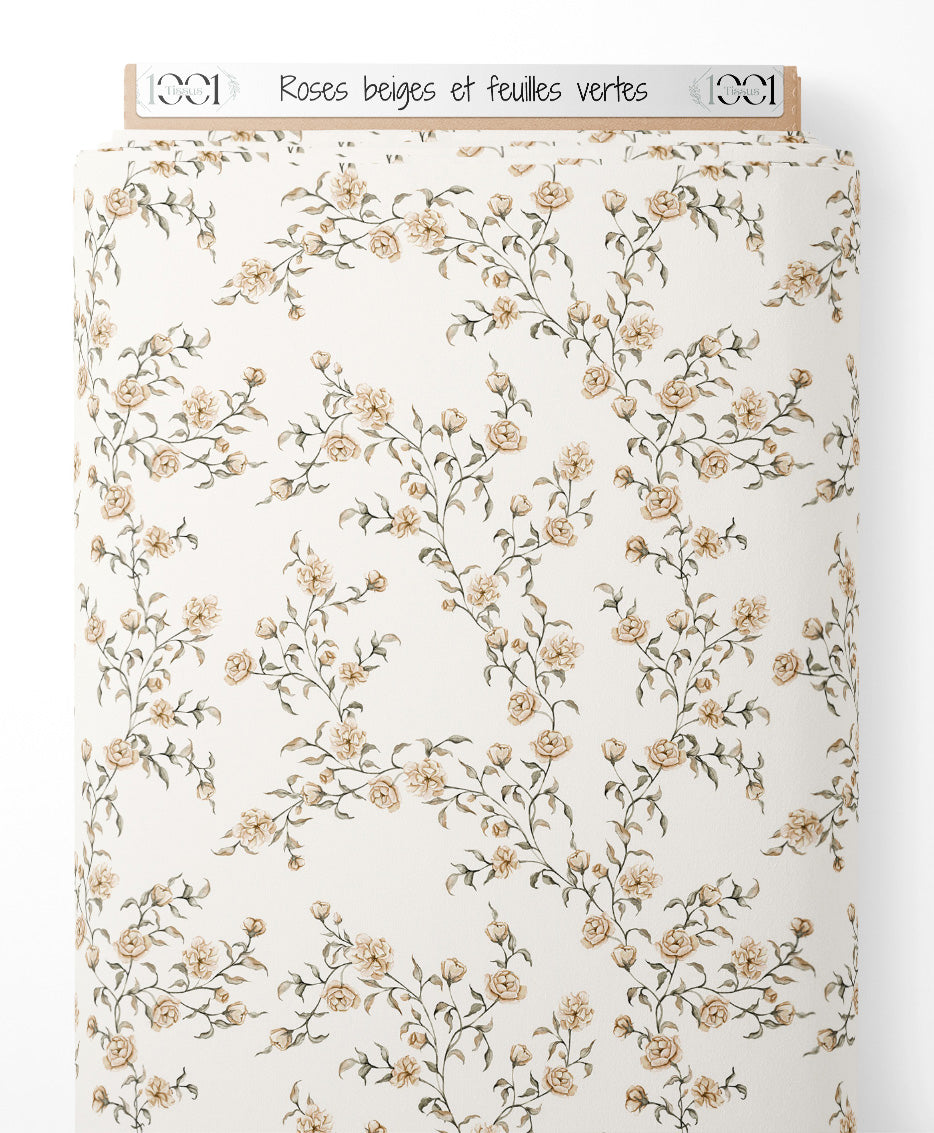 Tissu - Roses beiges et feuilles vertes