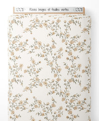 Tissu - Roses beiges et feuilles vertes