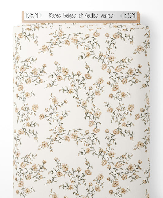 Tissu - Roses beiges et feuilles vertes