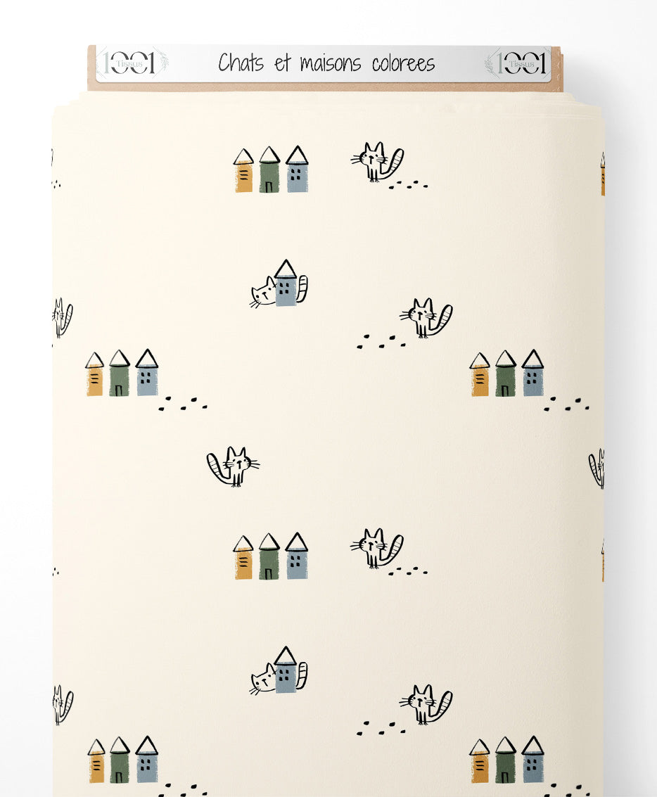 Tissu - Chats et maisons colorées