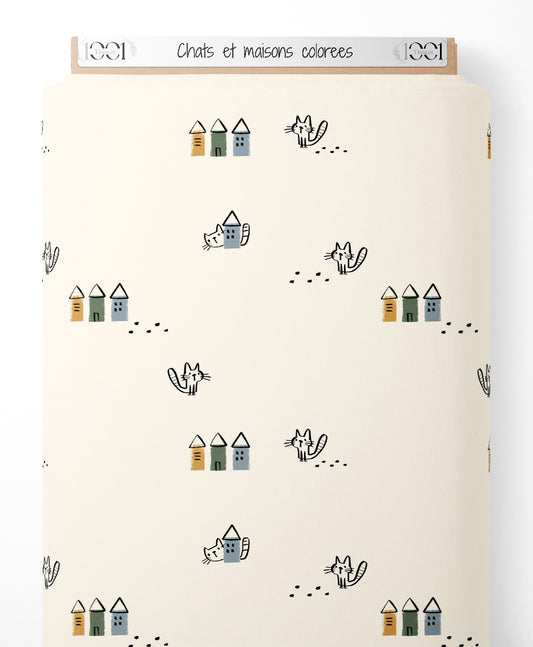 Tissu - Chats et maisons colorées