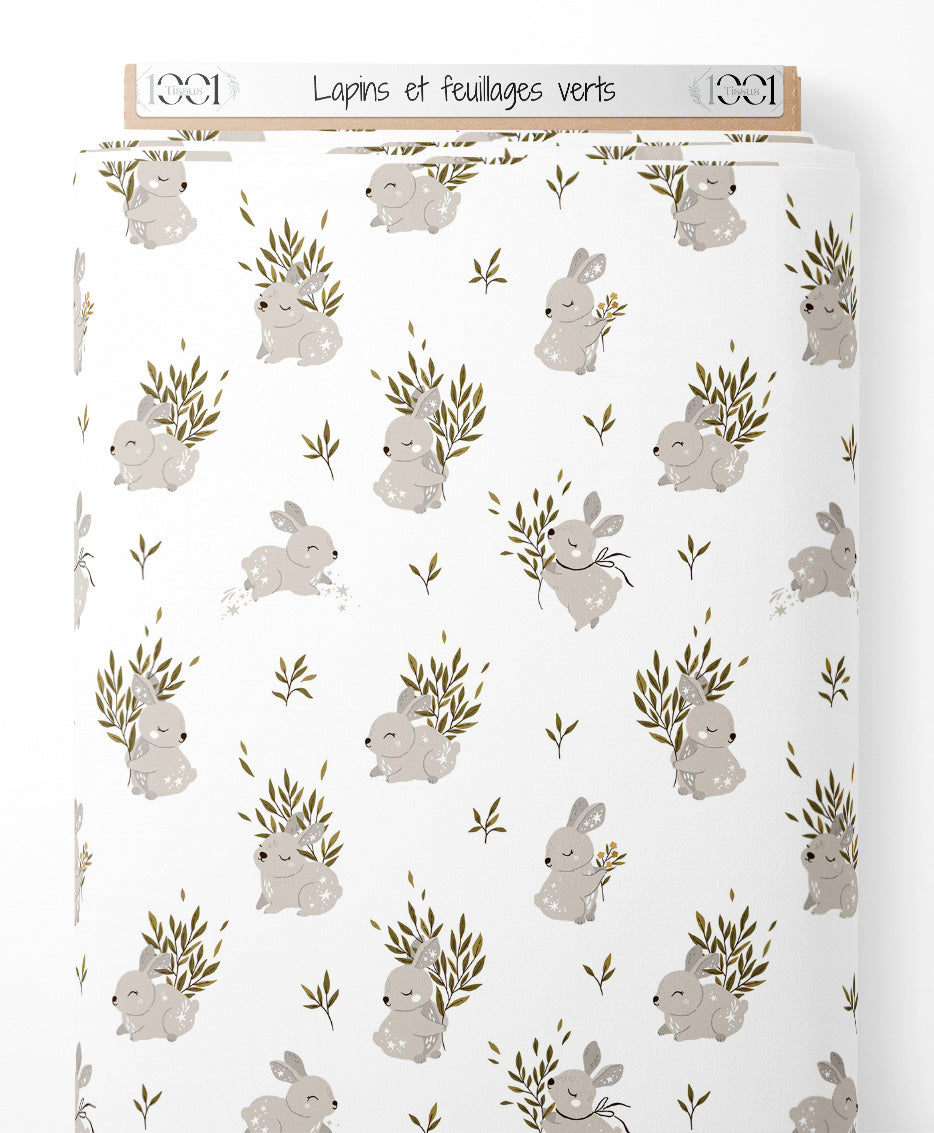 Tissu - Lapins et feuillages verts