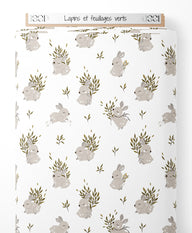 Tissu - Lapins et feuillages verts