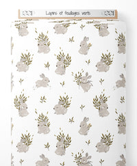 Tissu - Lapins et feuillages verts