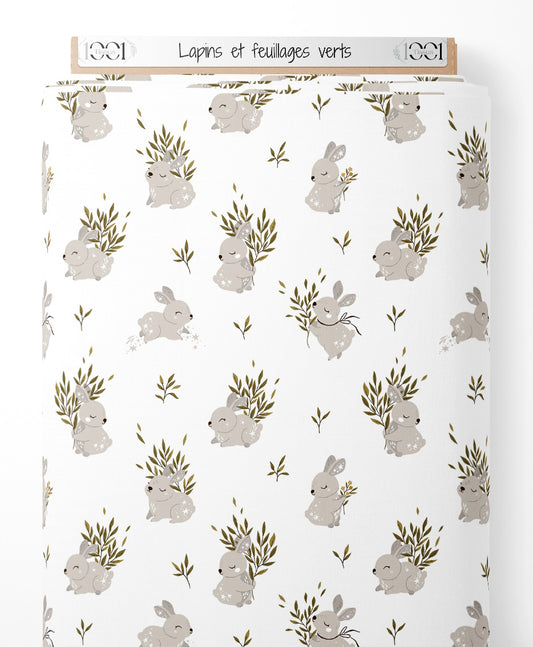 Tissu - Lapins et feuillages verts