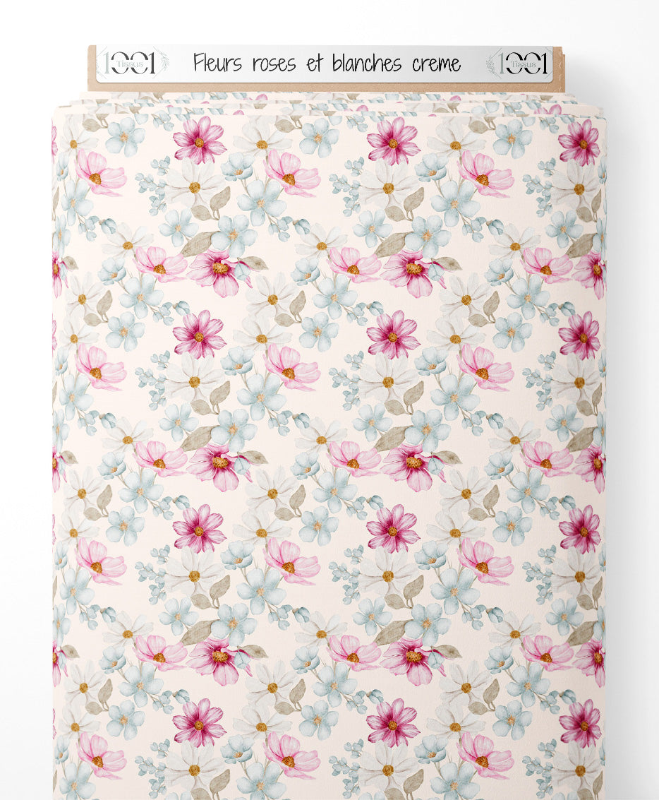 Tissu - Fleurs roses et blanches crème
