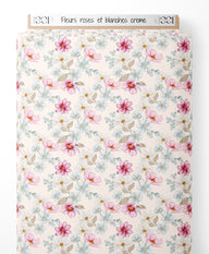 Tissu - Fleurs roses et blanches crème