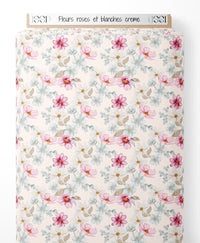 Tissu - Fleurs roses et blanches crème