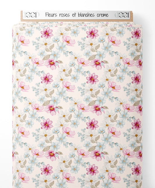 Tissu - Fleurs roses et blanches crème