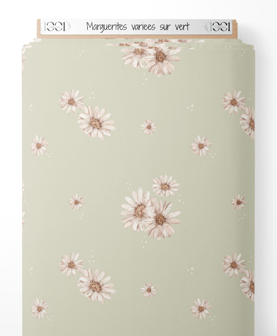 Tissu - Marguerites variées sur vert