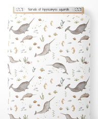 Tissu - Narvals et hippocampes aquarelle