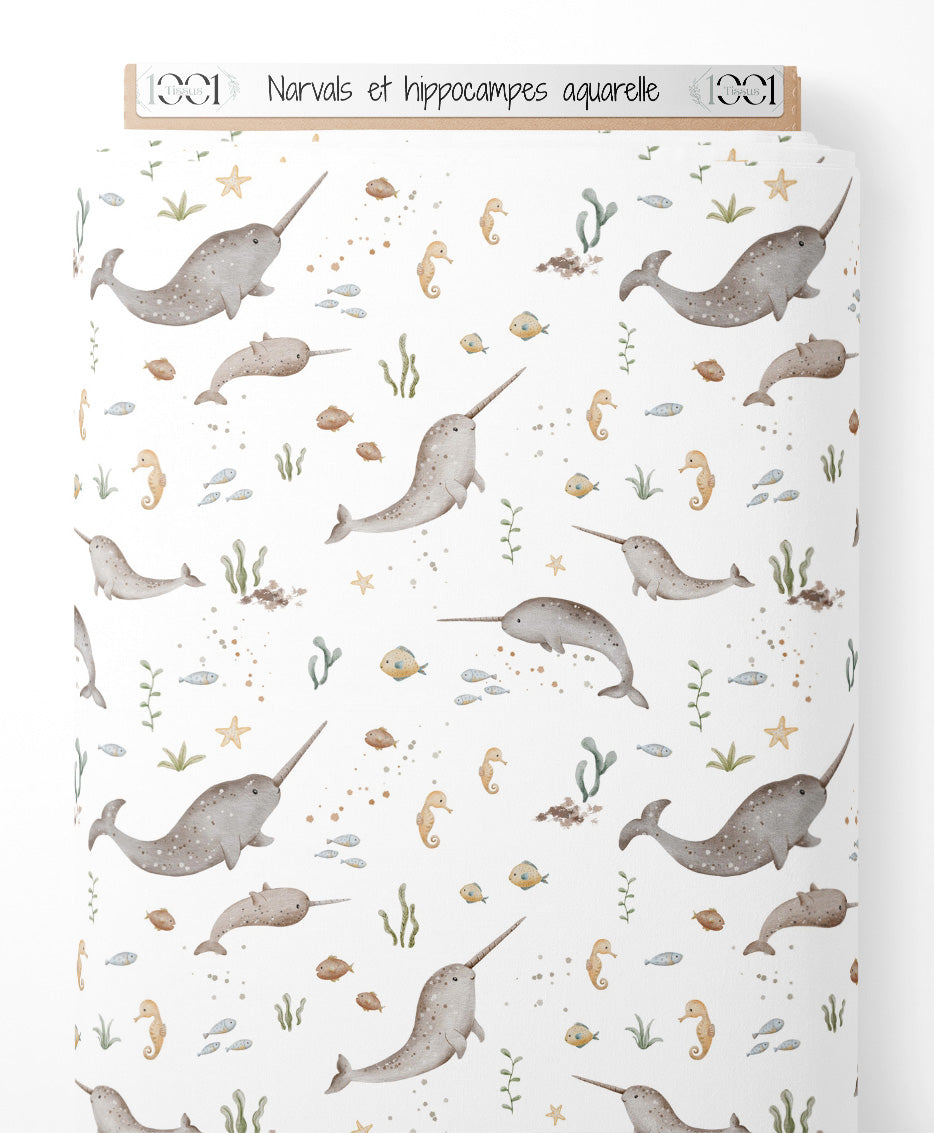 Tissu - Narvals et hippocampes aquarelle