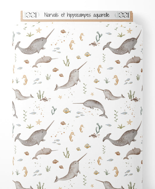 Tissu - Narvals et hippocampes aquarelle
