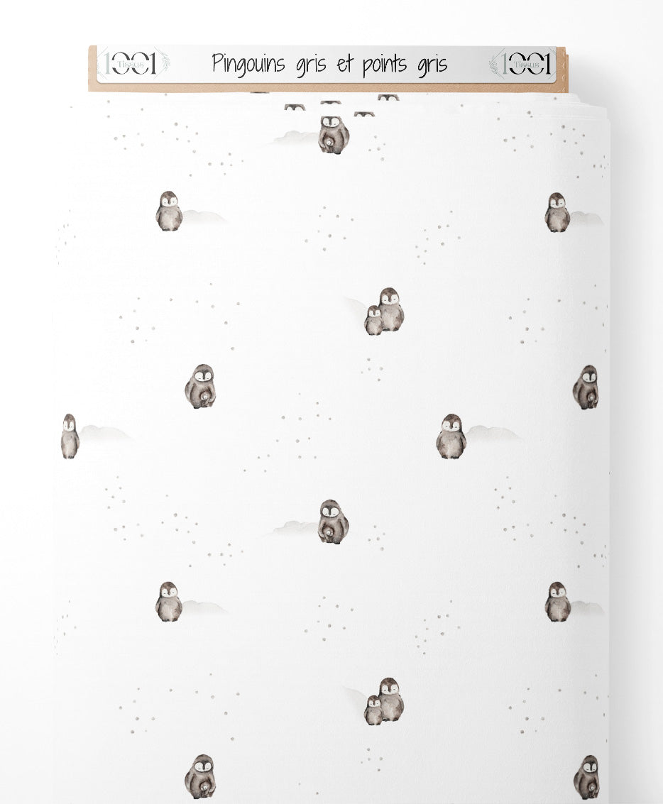 Tissu - Pingouins gris et points gris