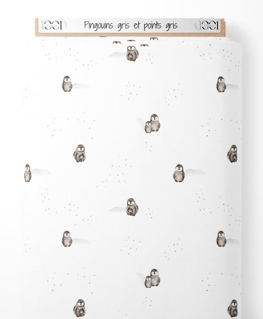 Tissu - Pingouins gris et points gris