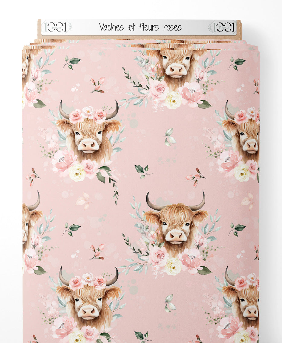 Tissu - Vaches et fleurs roses