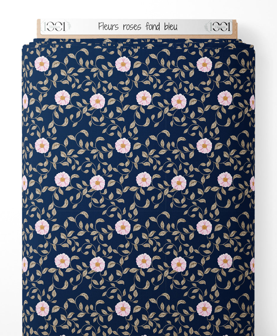 Tissu - Fleurs roses sur fond bleu