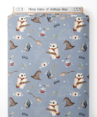 Tissu - Hiboux blancs et châteaux bleus