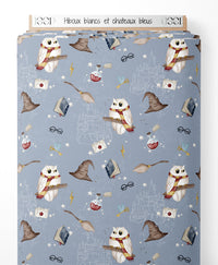 Tissu - Hiboux blancs et châteaux bleus