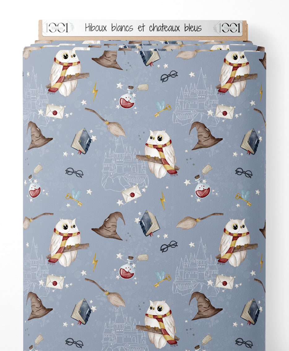Tissu - Hiboux blancs et châteaux bleus