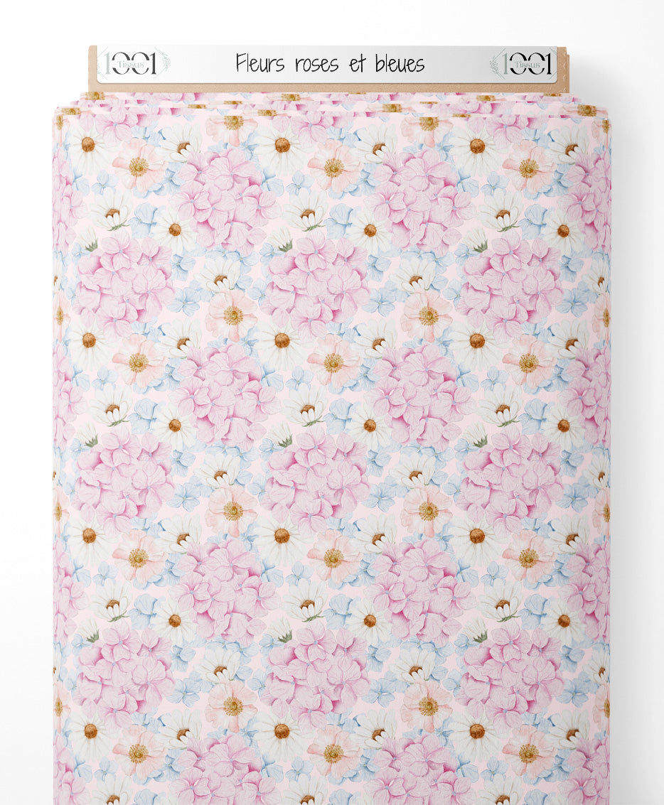 Tissu - Fleurs roses et bleues