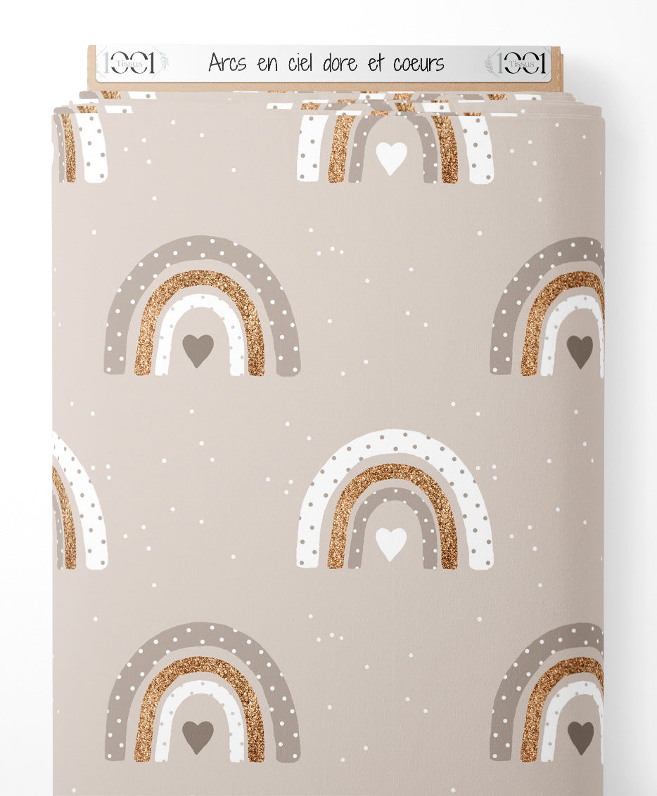 Tissu - Arcs-en-ciel doré et cœurs