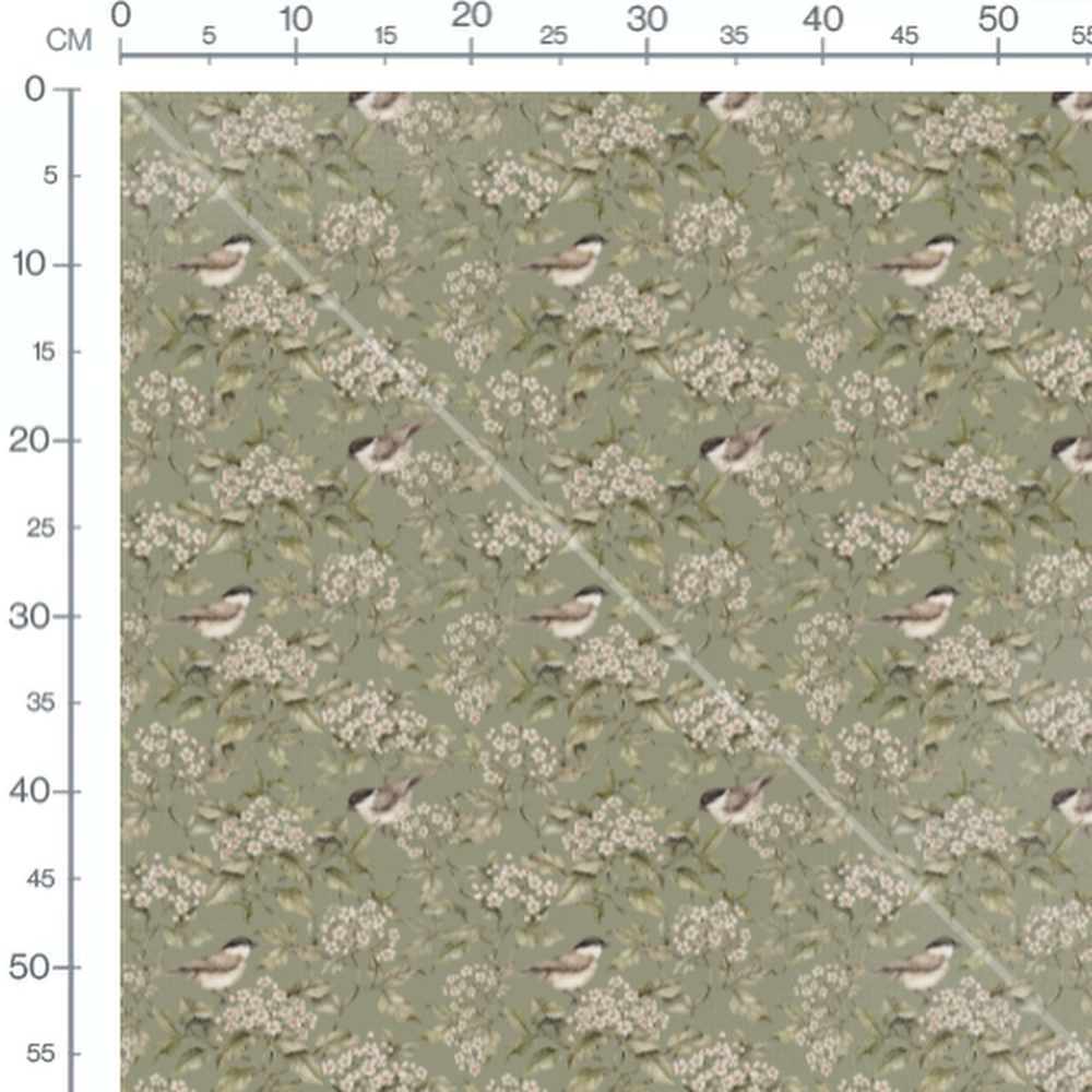 Tissu - Oiseaux bruns et fleurs blanches 2