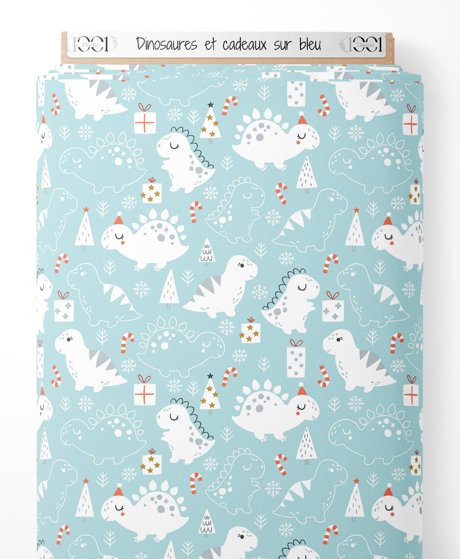 Tissu - Dinosaures et cadeaux sur bleu