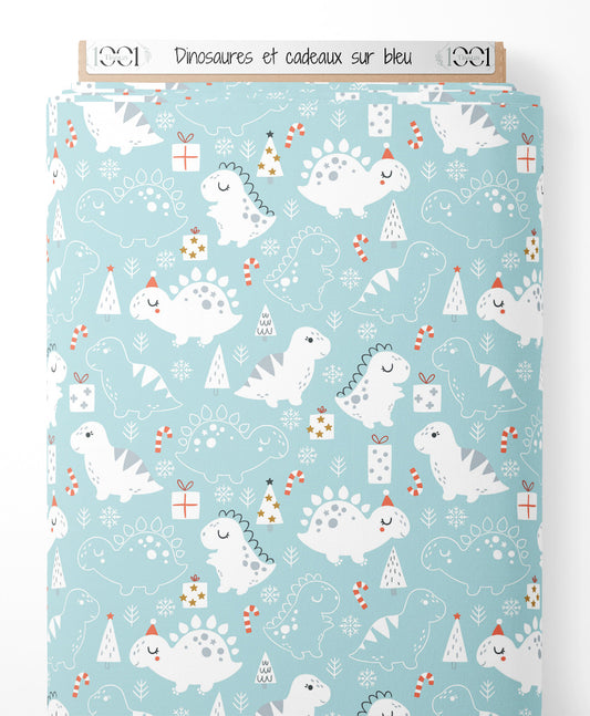 Tissu - Dinosaures et cadeaux sur bleu