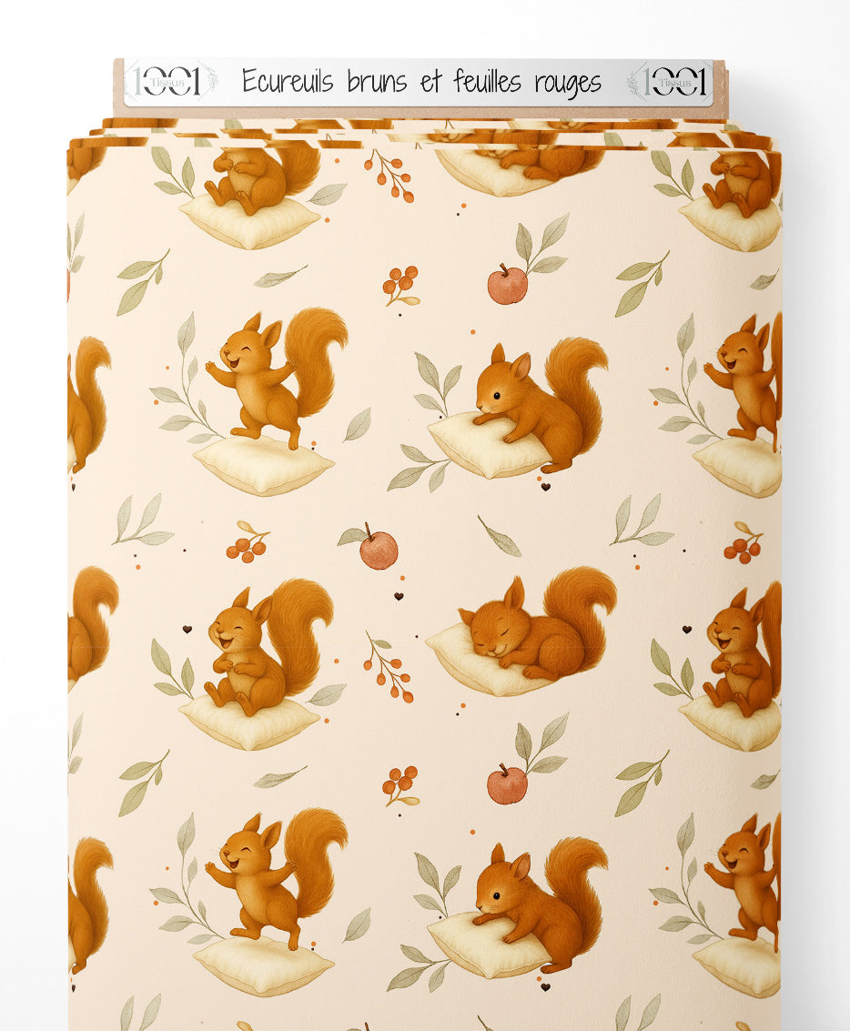 Tissu - Écureuils bruns et feuilles rouges