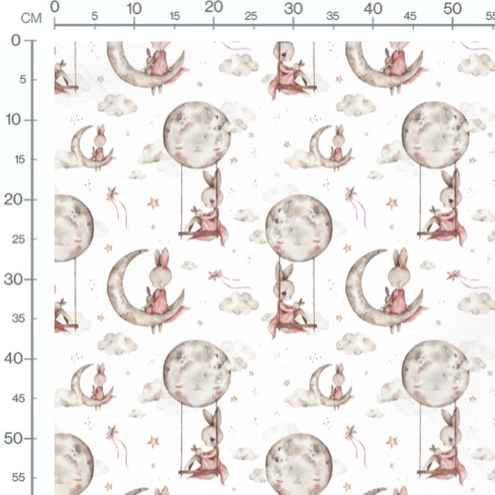 Tissu - Lapins roses et lunes grises