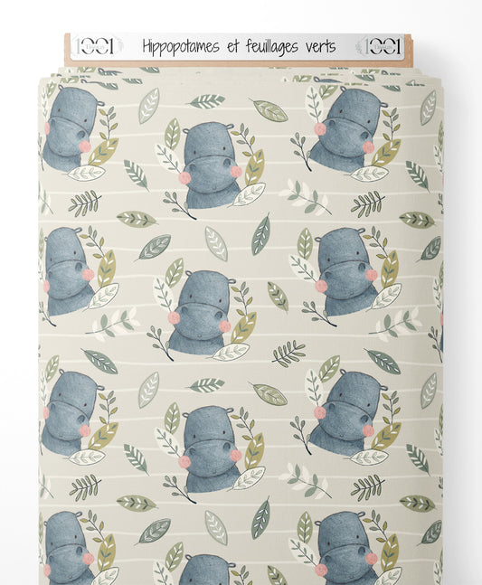 Tissu - Hippopotames et feuillages verts
